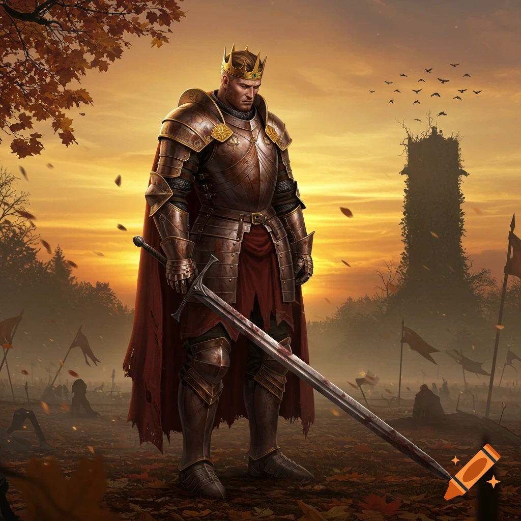 A somber king in ornate armor stands on a blood-stained battlefield with his sword at sunset, autumn leaves falling.