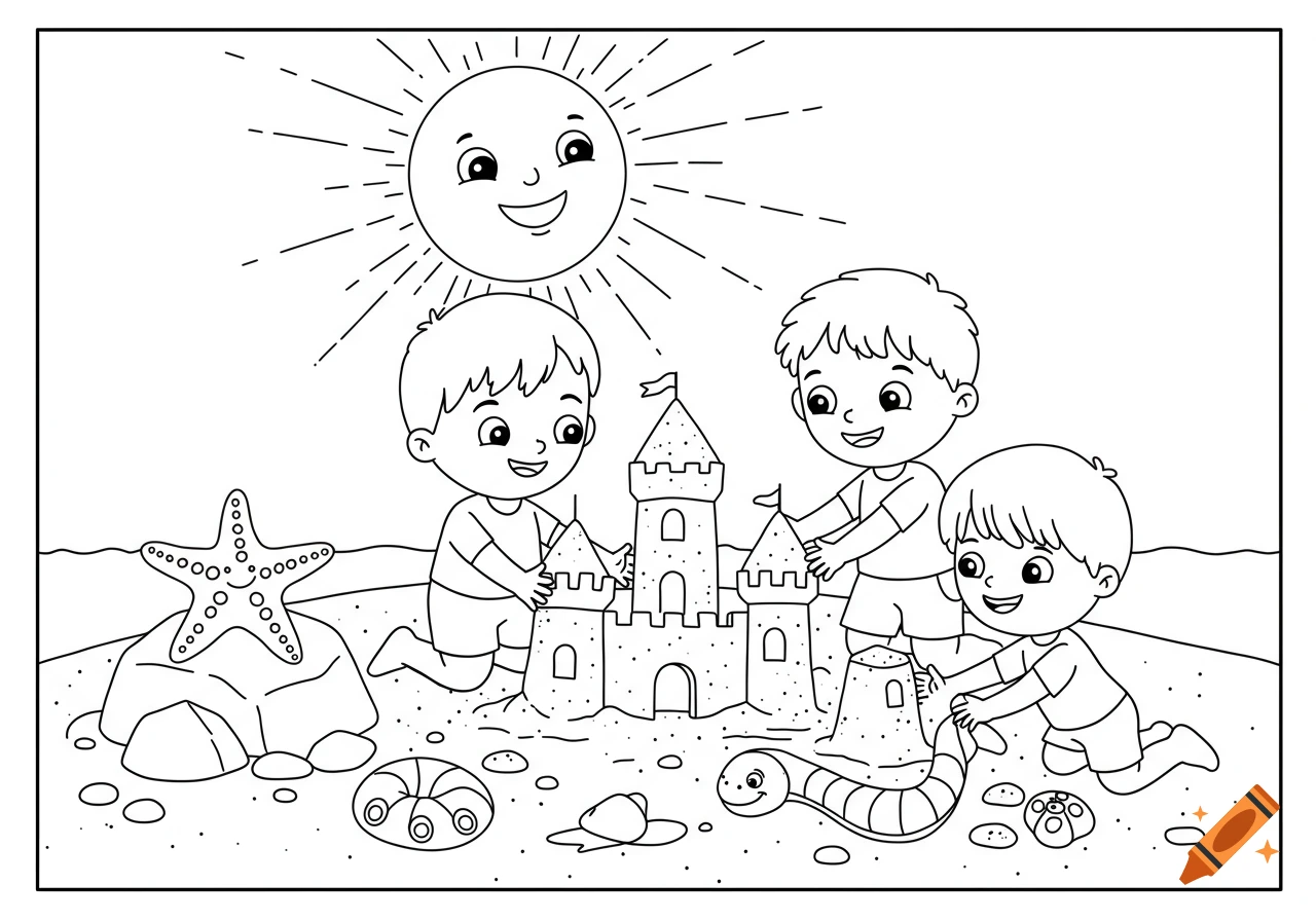 Black and white outline drawing of three smiling children building a sandcastle on a sunny beach with a starfish and toy snake.