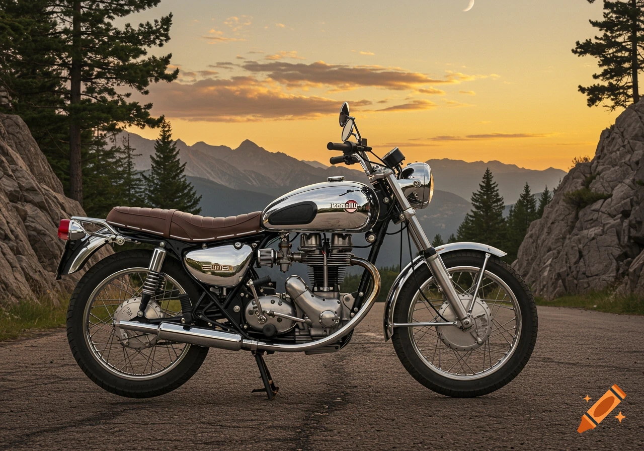 A classic chrome Benelli motorcycle with a brown seat on a mountain road at sunset.