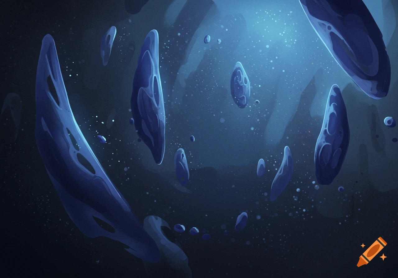 Stylized abstract blue, elongated shapes with organic cutouts float in a dark blue speckled void, illuminated by a light from above.