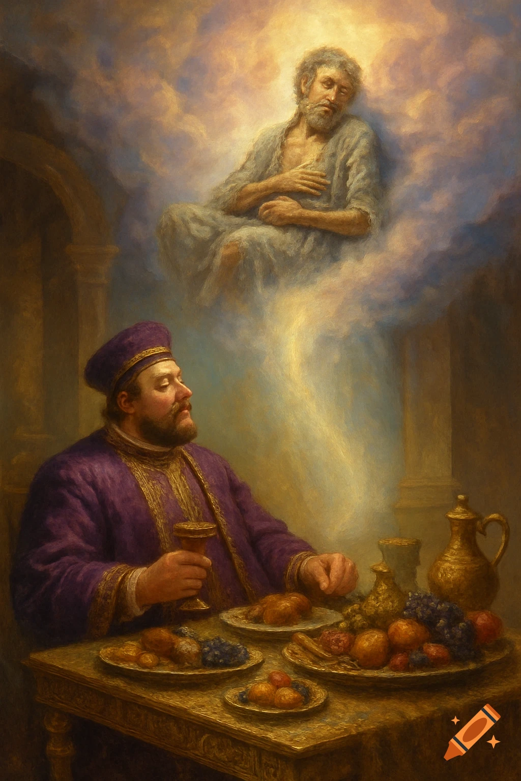 An oil painting depicting a richly dressed man dining below, while a poor, bearded man floats in luminous clouds above him.