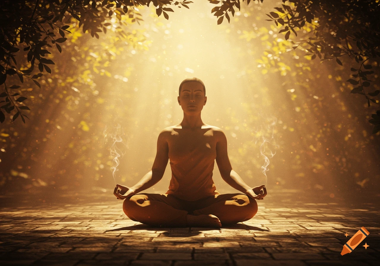 A person meditates in the lotus position amidst dappled golden sunlight filtering through tree leaves, with wisps of smoke rising from their hands.