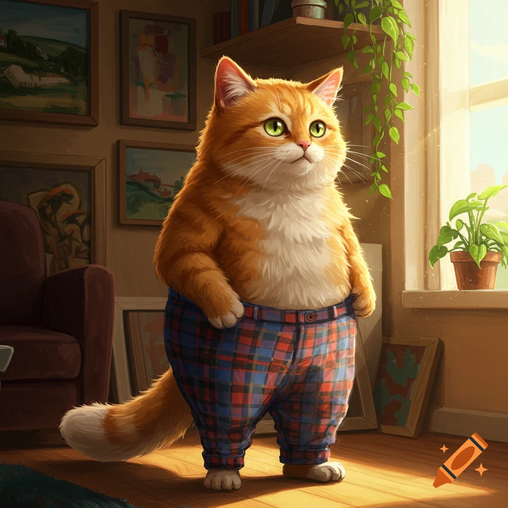 An orange and white cat stands upright, wearing plaid pants, in a sunlit room with paintings.