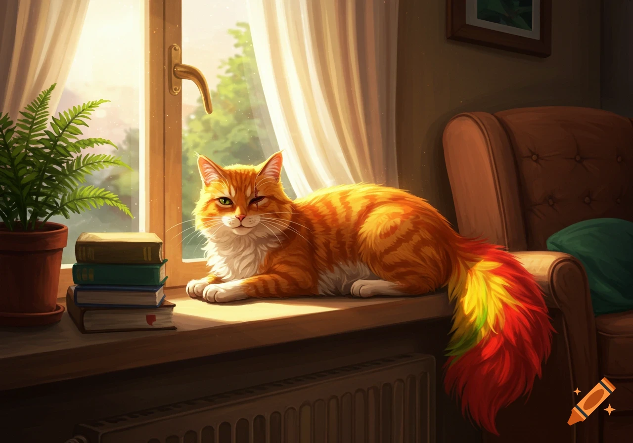 Digital art of an orange cat with a scar and a rainbow tail, winking on a sunlit windowsill with books and a plant.