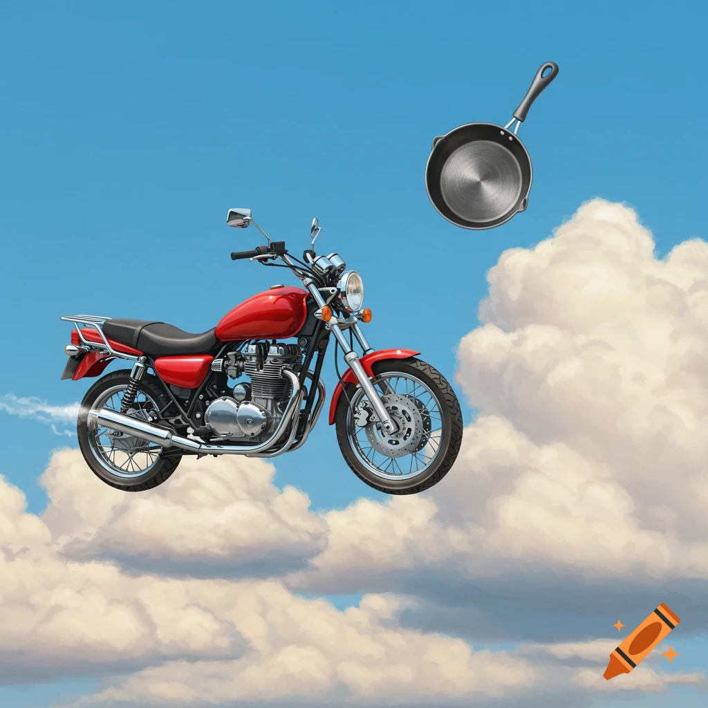 A red motorcycle and a black frying pan float in a blue sky filled with white clouds, in a surreal, illustrative style.