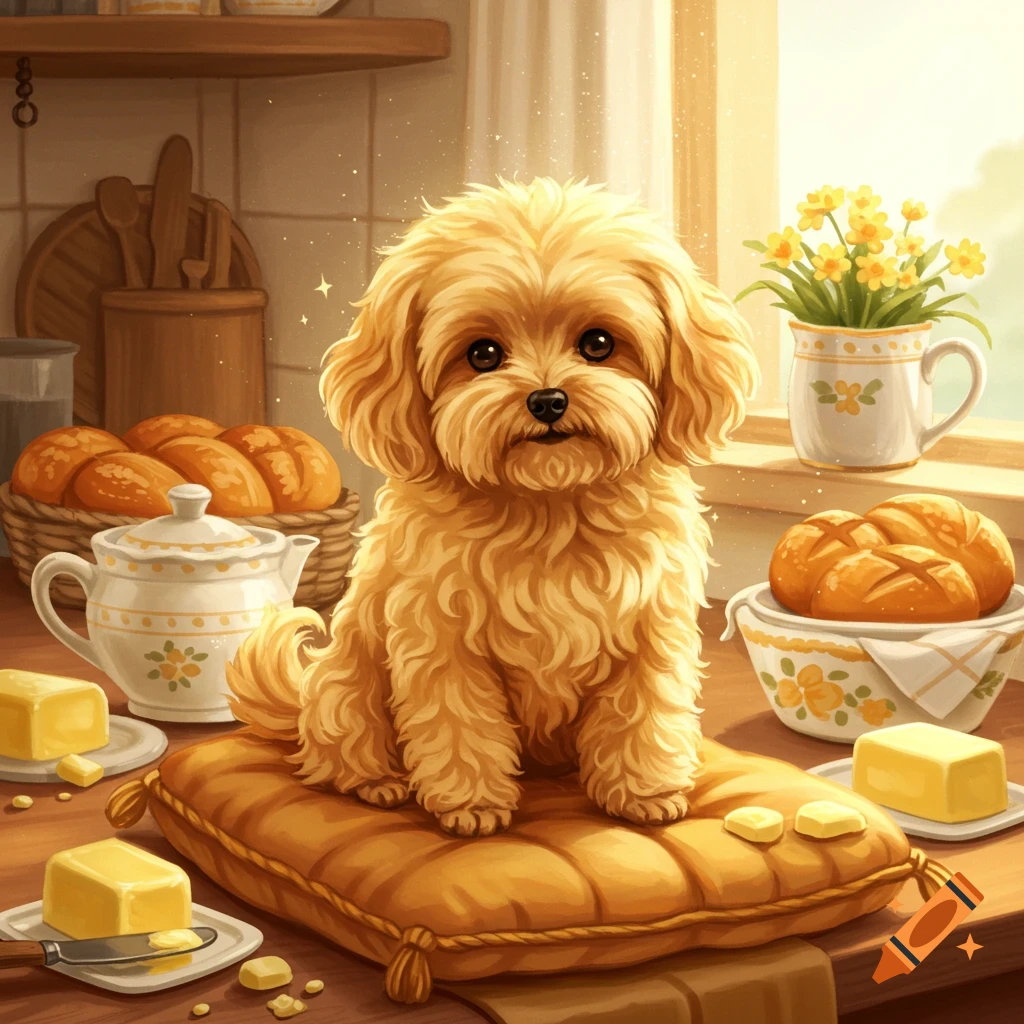 Fluffy golden dog sitting on a cushion on a kitchen counter with bread and butter in an illustrative style.
