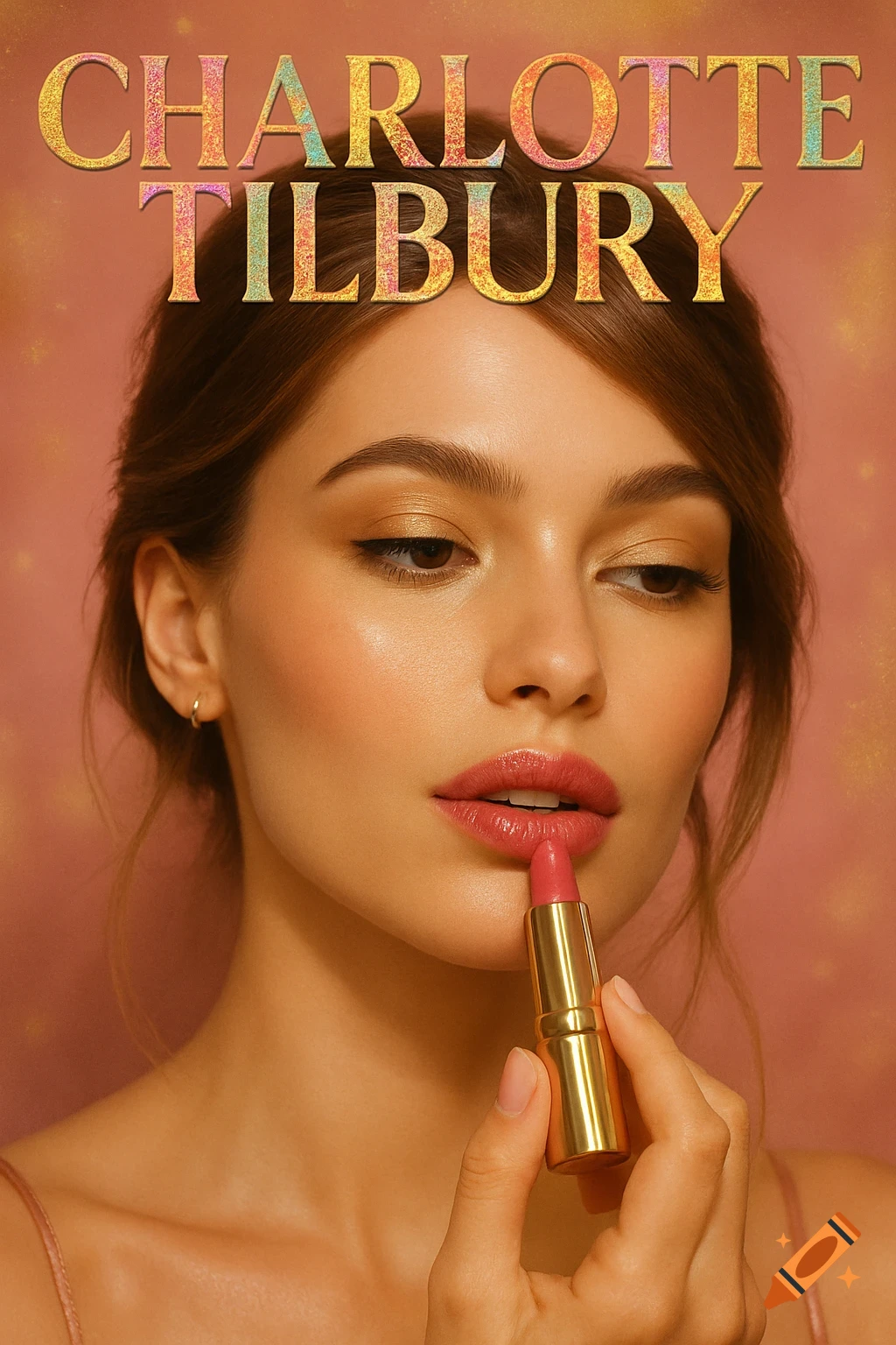 A woman with glowing skin and makeup applies pink lipstick, with 'CHARLOTTE TILBURY' text above in colorful glitter. Photorealistic, beauty ad style.