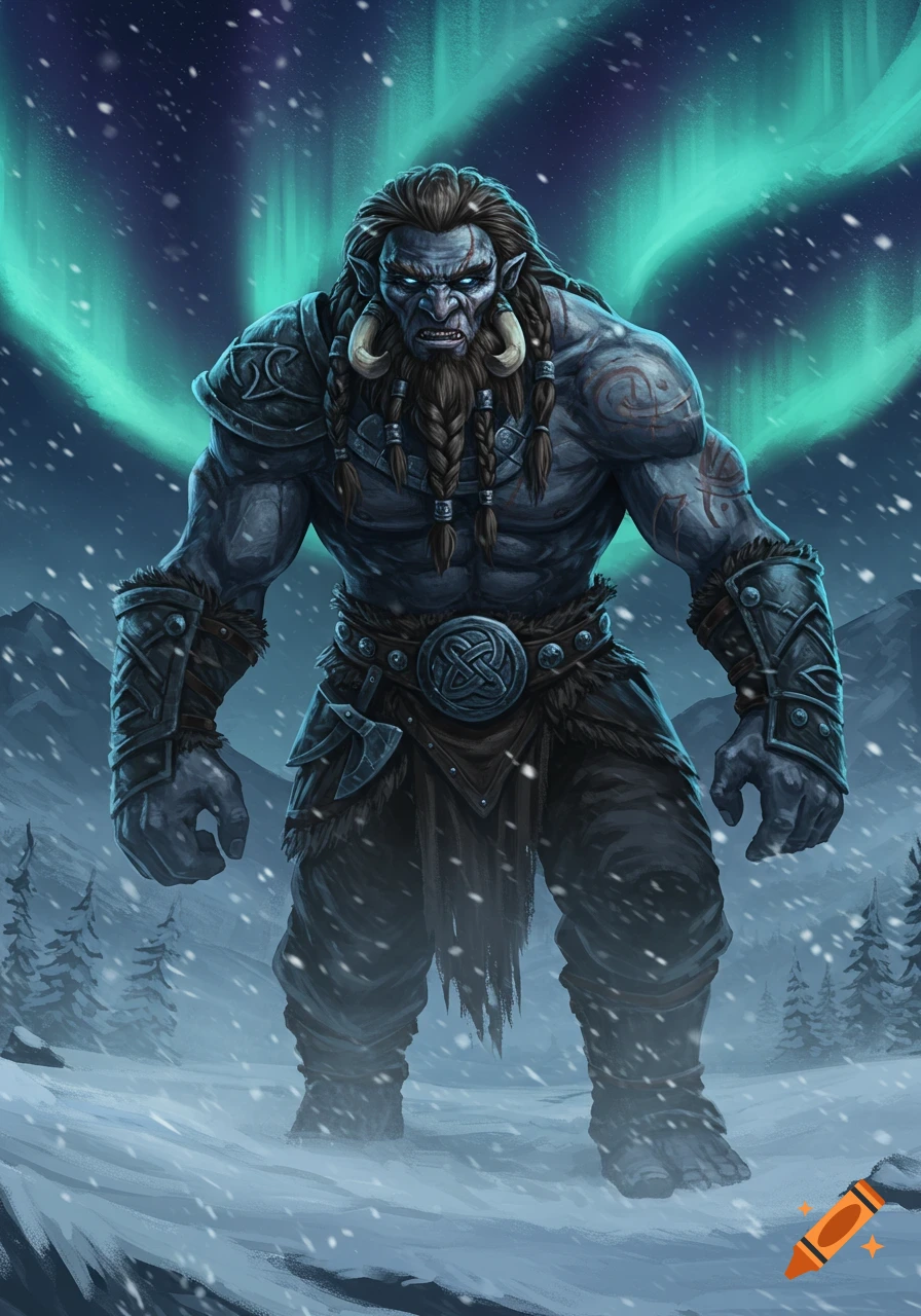 A fierce, grey-skinned troll warrior with tusks, braids, and armor stands in a snowy mountain landscape under a green aurora.