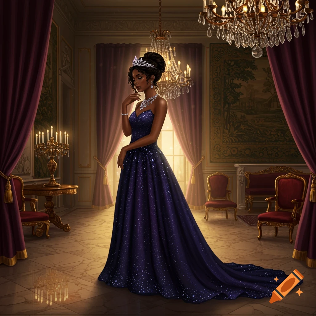 An elegant Black princess in a sparkling blue gown and tiara stands in a lavish ballroom.