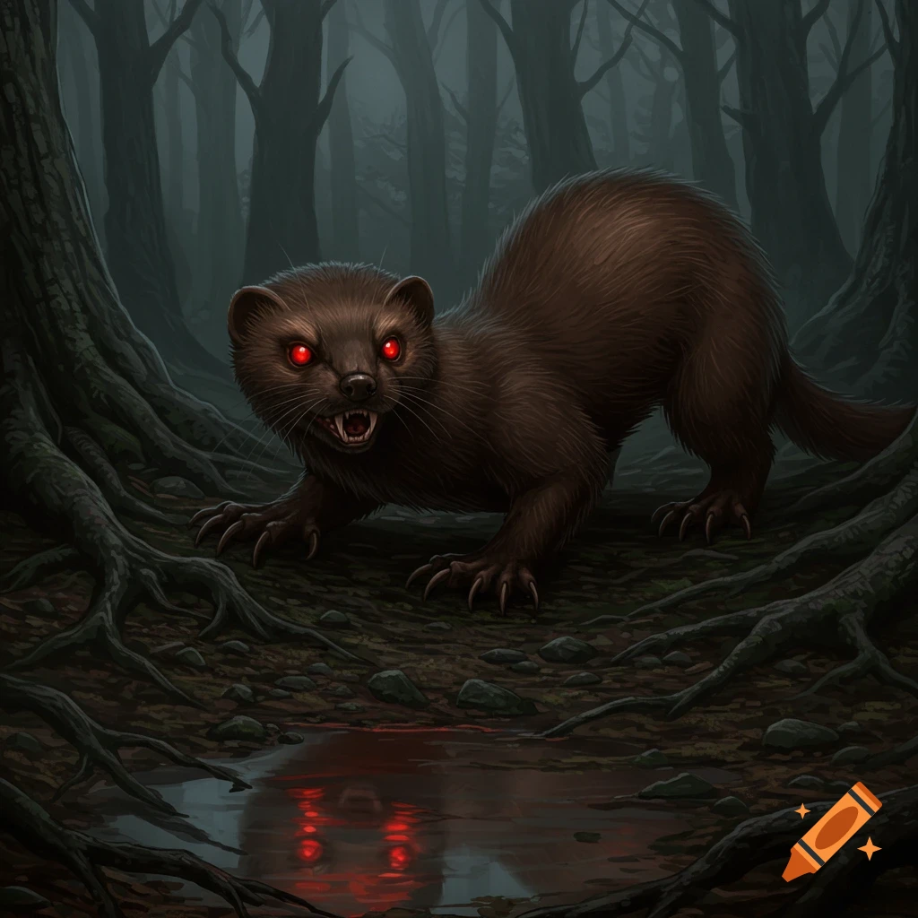 A snarling brown weasel monster with glowing red eyes crouches in a dark, misty forest, its reflection visible in a puddle.