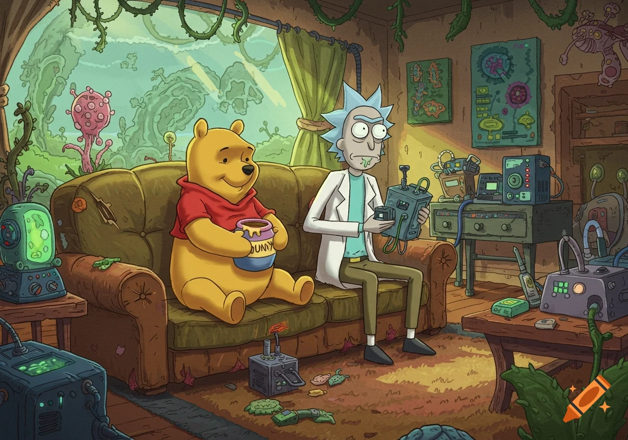 Winnie the Pooh and Rick Sanchez sit on a couch in a surreal room with alien plants outside, a cartoon style.