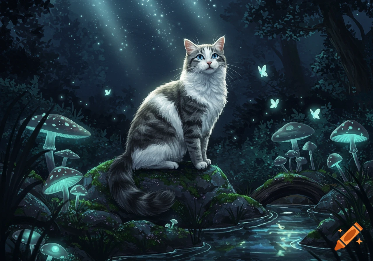 A fluffy gray and white tabby cat with blue eyes sits on a mossy rock in a magical night forest with glowing mushrooms and butterflies.