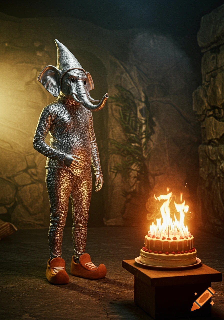 A person in a metallic silver elephant-gnome costume stands in a dark cave-like studio, looking at a birthday cake engulfed in flames.
