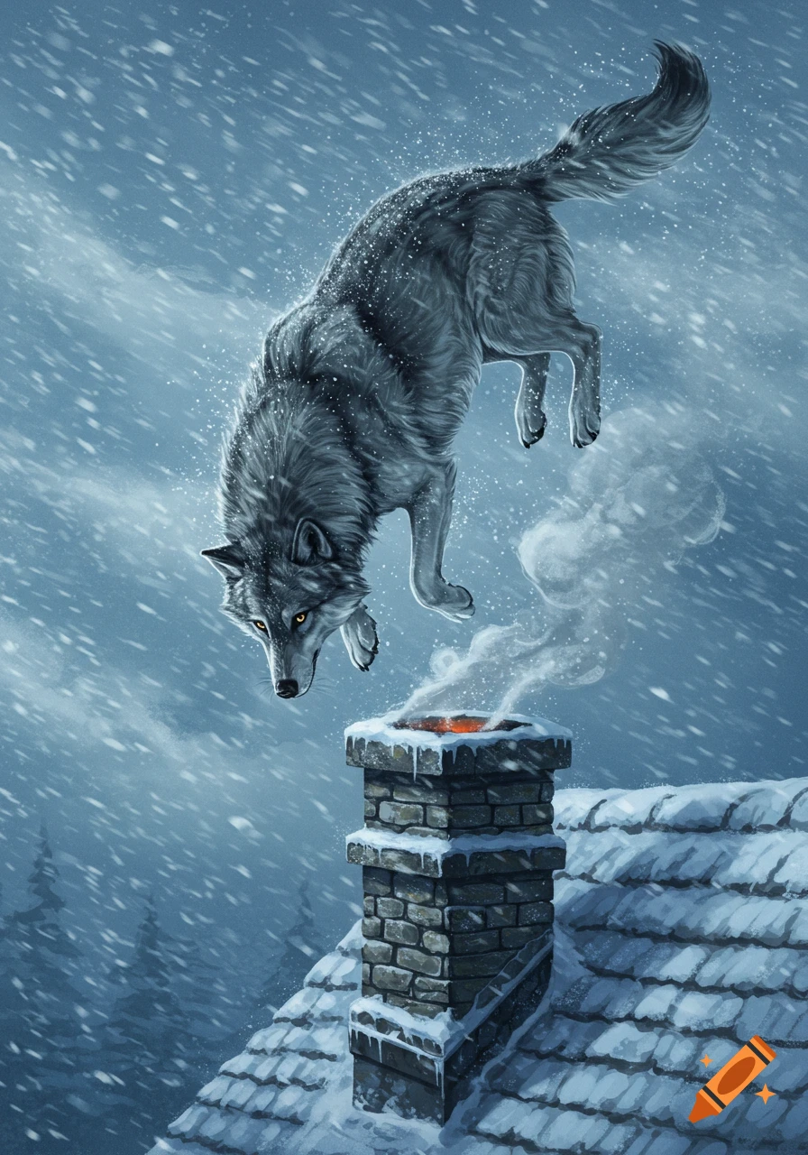 An illustrated grey wolf jumps into a smoking brick chimney on a snowy roof at night, with snow falling around it.