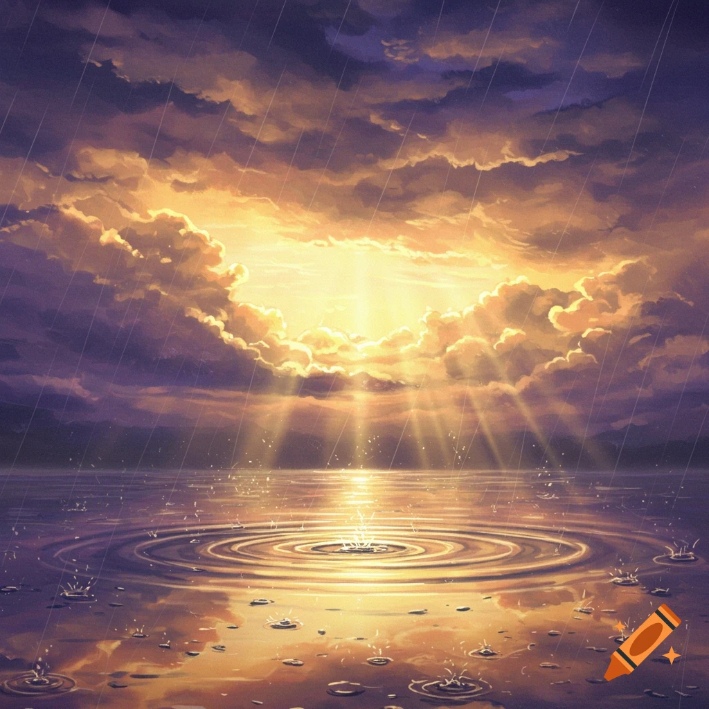 A vibrant digital painting of rain falling on water, reflecting a golden sunset through parting clouds.