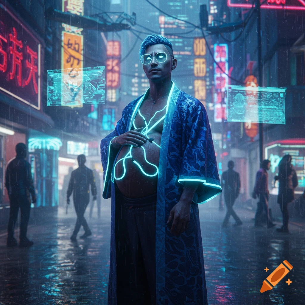 A pregnant man in a blue robe with glowing wires on his chest and belly stands in a neon-lit cyberpunk city street in the rain.