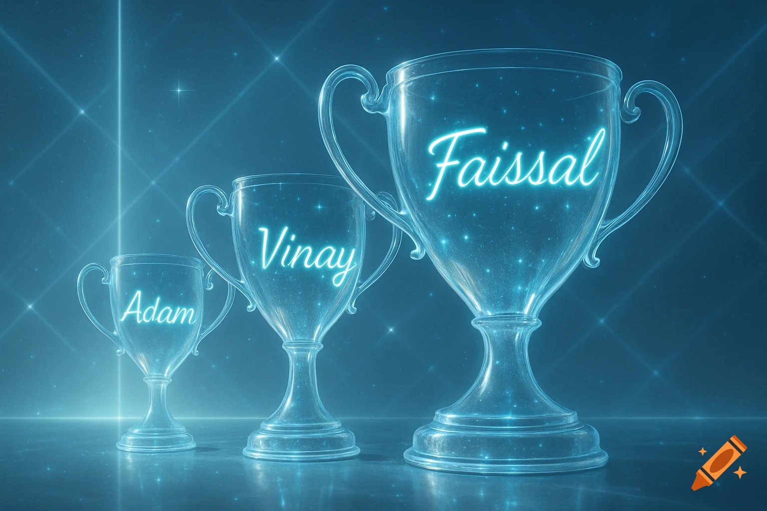 Three glowing, transparent trophies of different sizes, engraved with the names Faissal, Vinay, and Adam, against a dark, starry, neon blue background.