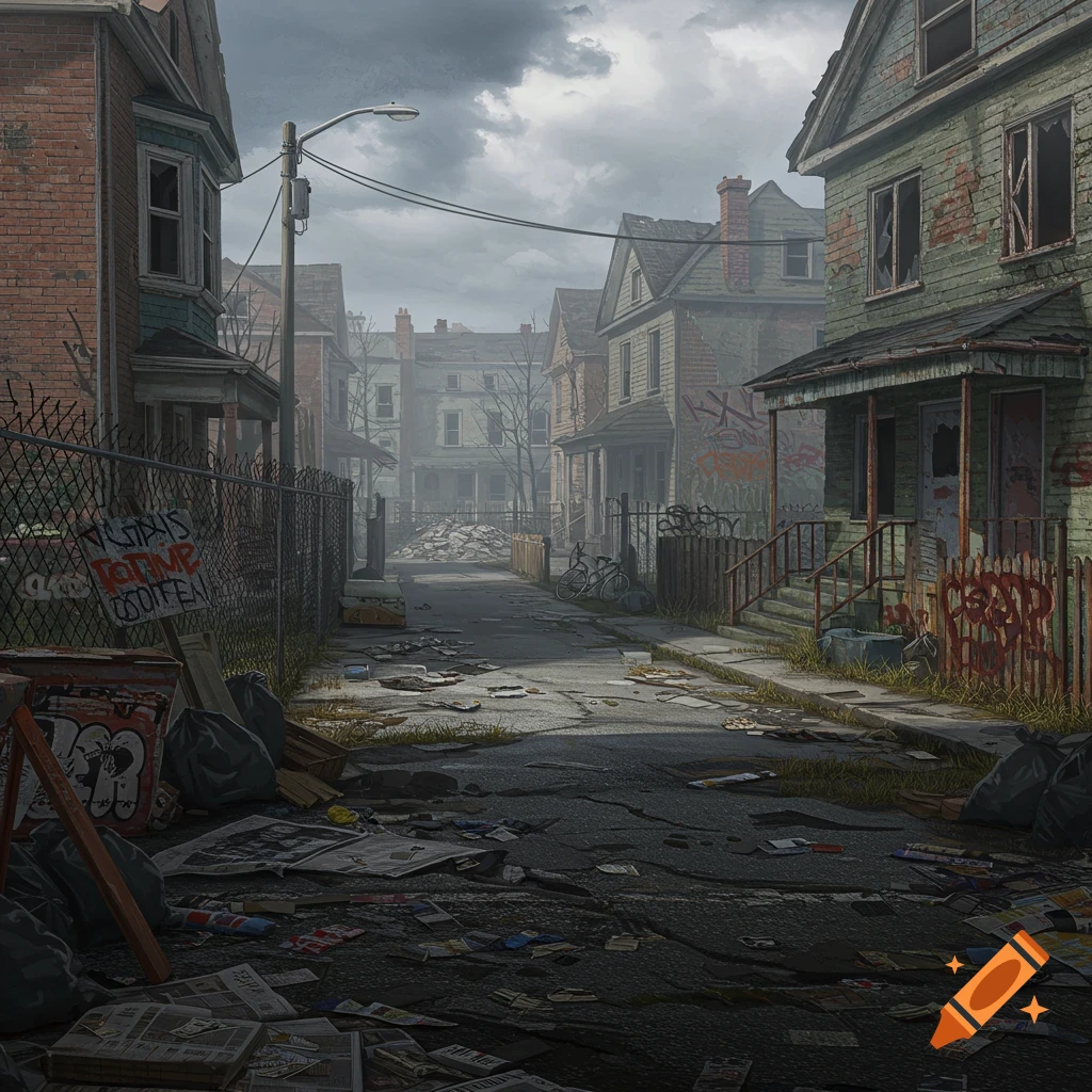 A desolate, trash-strewn urban alley lined with decaying, graffiti-covered houses under a cloudy sky.
