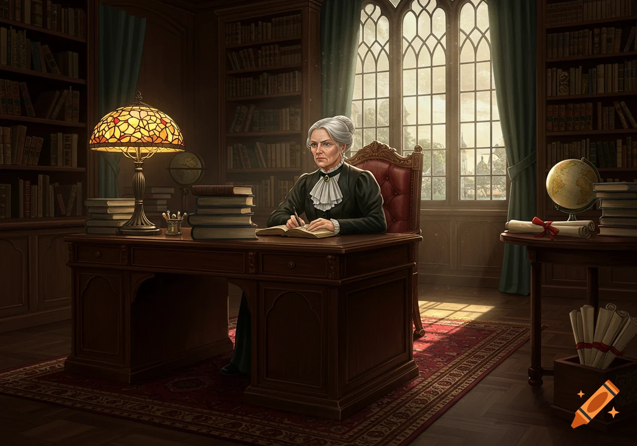 A stern old lady librarian sits at a wooden desk in a grand, sunlit library office, writing in a book.