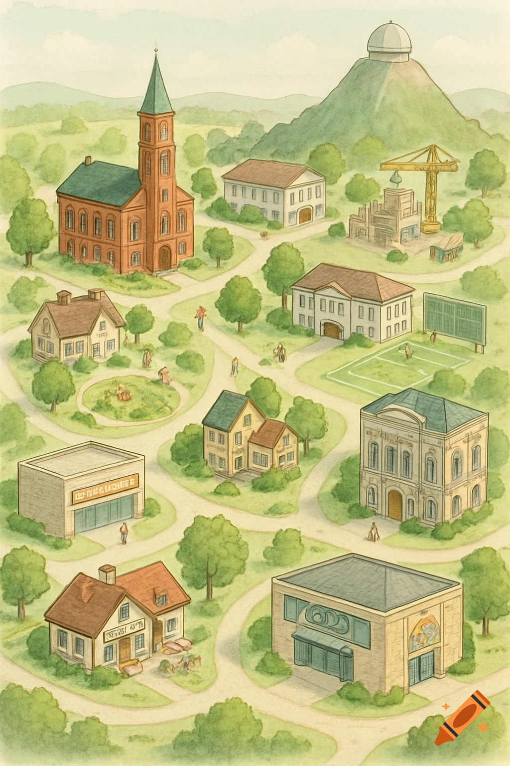 An overhead watercolor-style illustration of a charming town map with winding roads connecting various buildings, houses, parks, a construction site, and an observatory on a distant mountain.