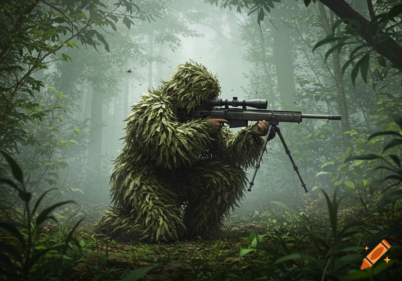 A sniper in a ghillie suit crouches with a rifle in a misty, dense jungle.