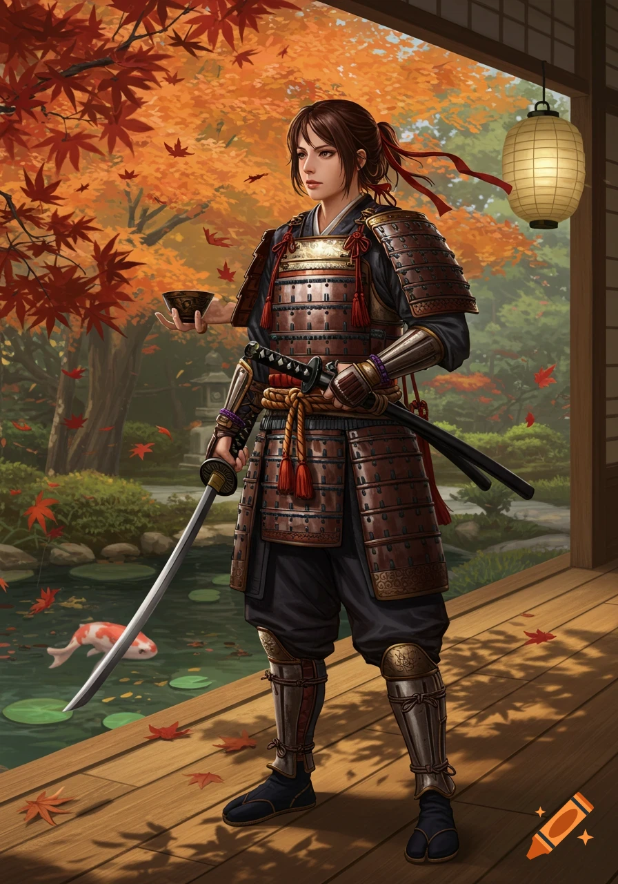A female samurai in detailed armor stands in a Japanese garden with autumn maple leaves, holding a wakizashi and a tea bowl.