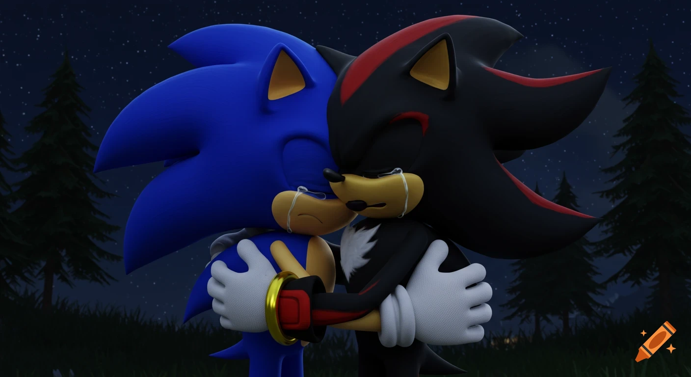 3D animated Sonic and Shadow the Hedgehog hug and cry under a starry night sky in a forest.