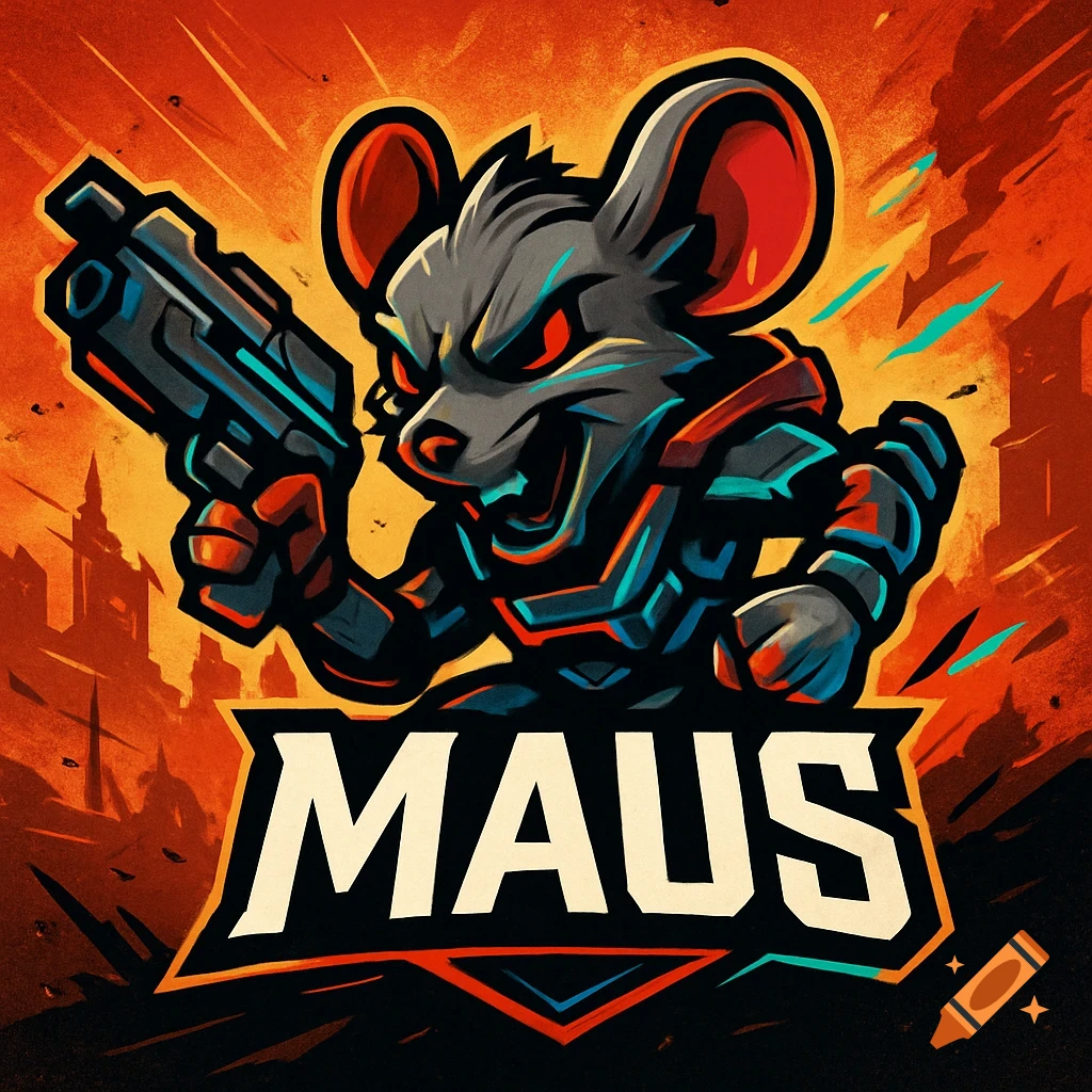 A cartoon e-sports logo featuring an angry grey mouse in armor holding a gun, with 'MAUS' text below, against an orange background.