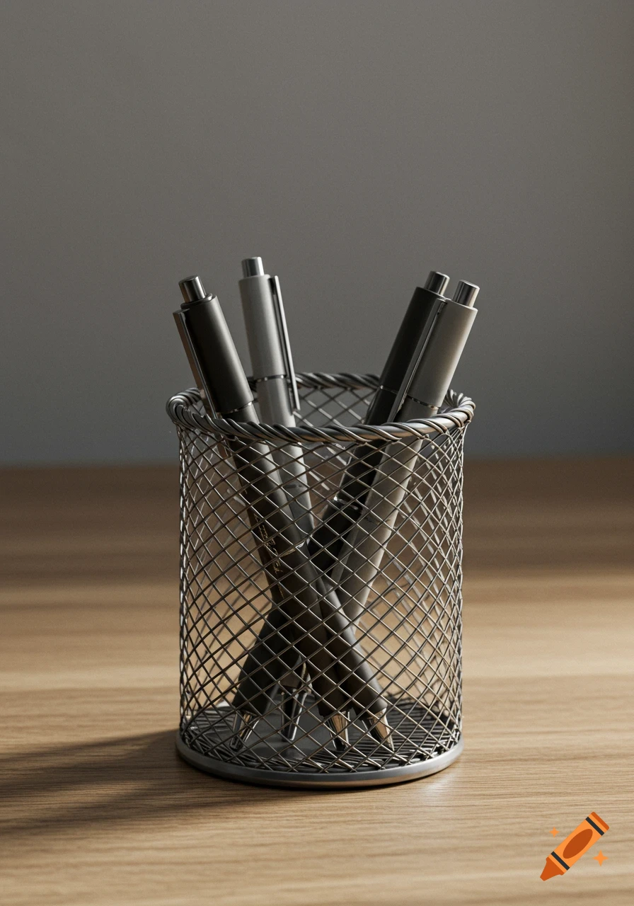 A metal mesh pen holder filled with several pens sits on a wooden desk.