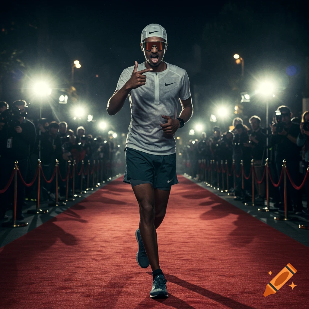 A male runner on a red carpet, wearing a Nike outfit and sunglasses, giving a thumbs-up as paparazzi lights flash.