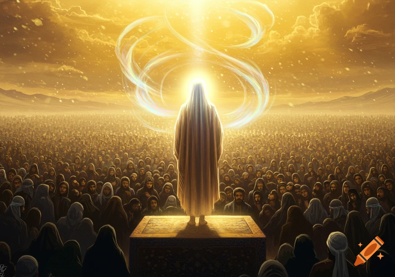 A glowing robed figure stands on a raised platform, addressing a vast crowd under a golden, luminous sky.