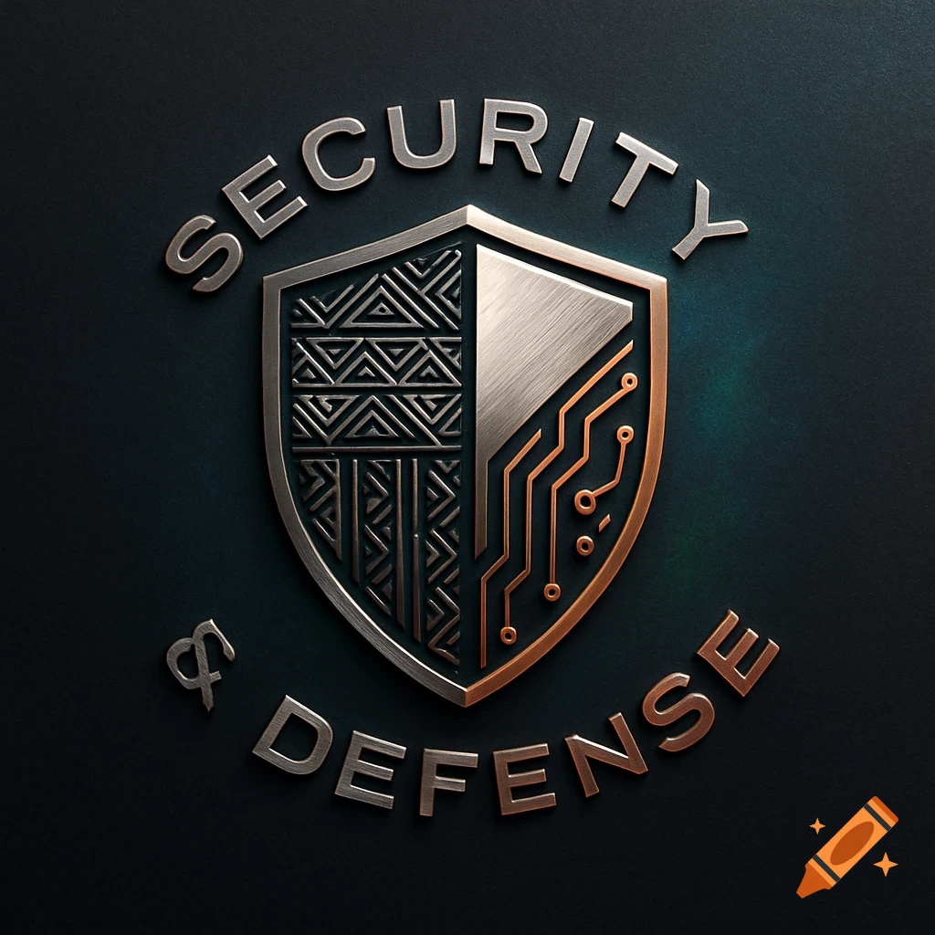 A metallic shield logo split with intricate geometric patterns and circuit board lines, inscribed with 'SECURITY & DEFENSE'.