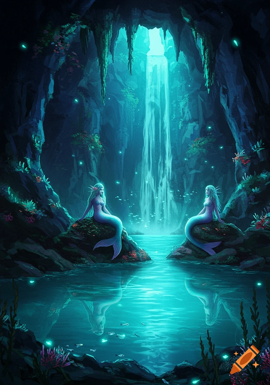 Two mermaids sit on rocks in a glowing turquoise fantasy grotto with a waterfall and reflective water, digital art.