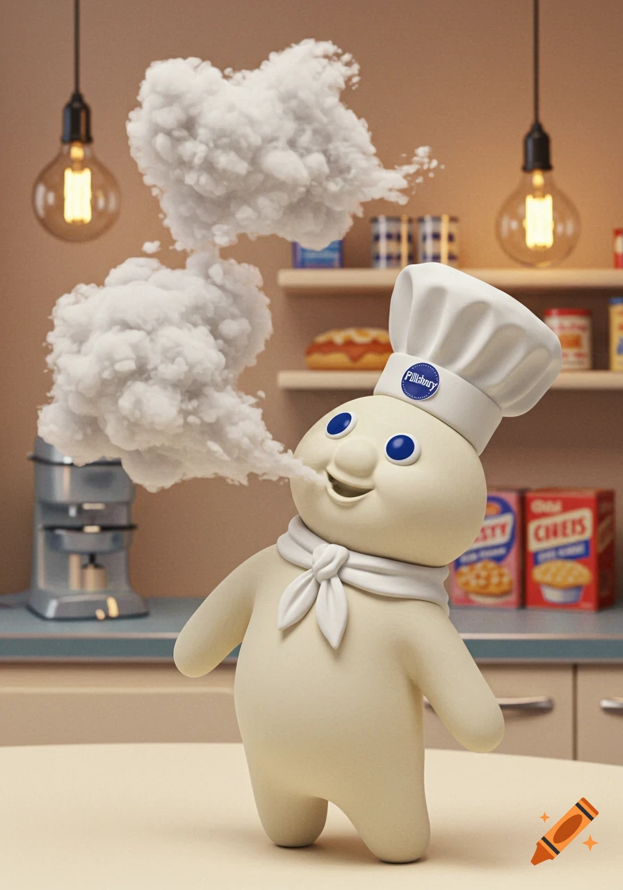 The Pillsbury Doughboy in a kitchen exhaling white puffy clouds, standing on a counter with shelves and lights in the background.