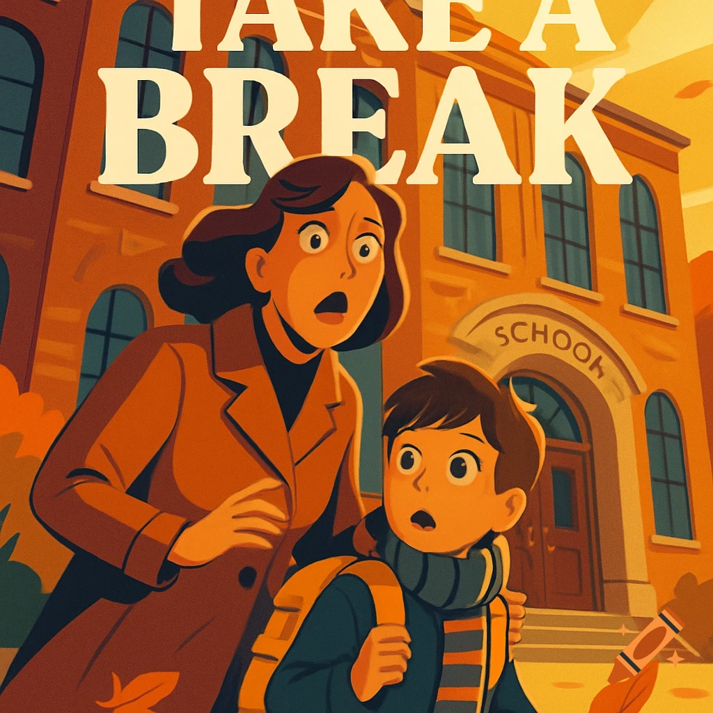 A cartoon illustration shows a woman and a child with wide eyes and open mouths, looking aghast. They stand in front of a school building with the word "SCHOOK" above its entrance. "TAKE A BREAK" is a headline across the top of the image. The style is reminiscent of a vintage magazine cover.