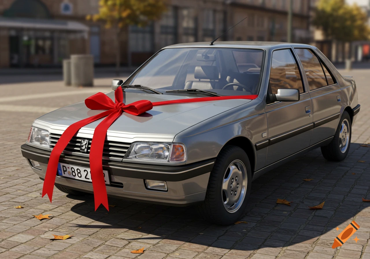 Photorealistic gray sedan car with a large red bow on its hood, parked on a cobblestone street.