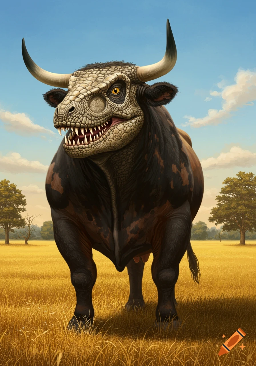 A powerful bull with a dinosaur head featuring scales, sharp teeth, and horns, stands in a golden field under a blue sky. Digital art.