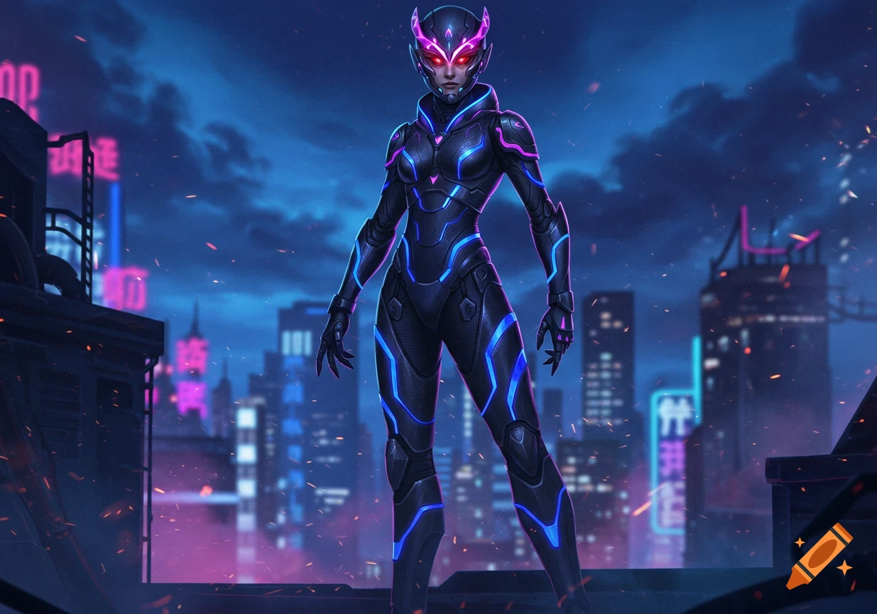 A female warrior in a glowing black, blue, and purple futuristic suit stands on a rooftop overlooking a neon-lit cyberpunk city at night.