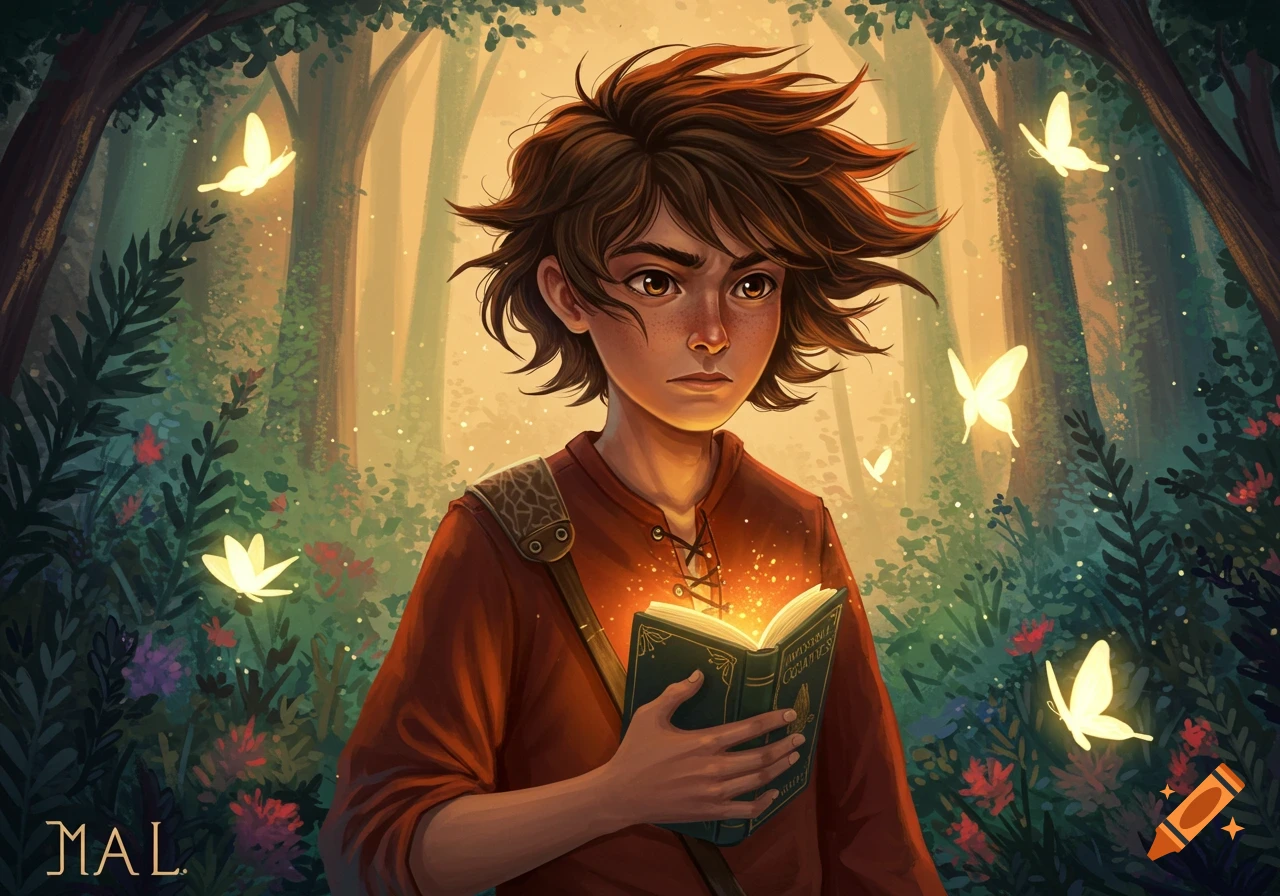 A young person with messy brown hair and a red shirt holds a glowing book in a magical forest with glowing butterflies.