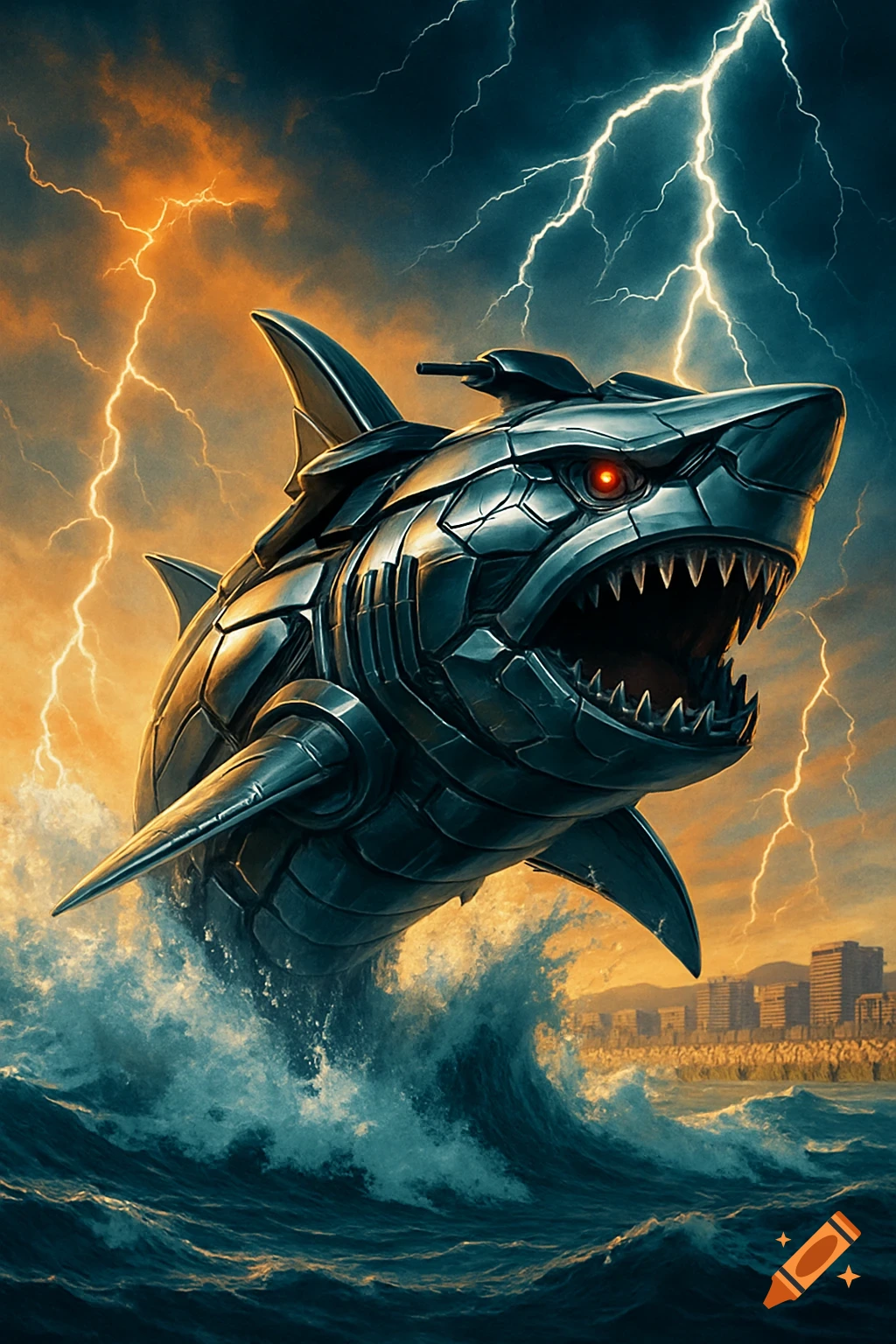 A powerful cyborg shark, fused with a jetski, emerges from a stormy ocean with lightning striking in the dark, orange sky above a city skyline.