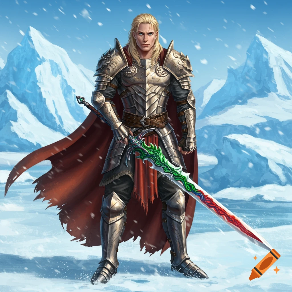 A blond male knight in elaborate golden and silver armor holds a colorful, ornate dragon sword while standing in a snowy, mountainous arctic landscape.