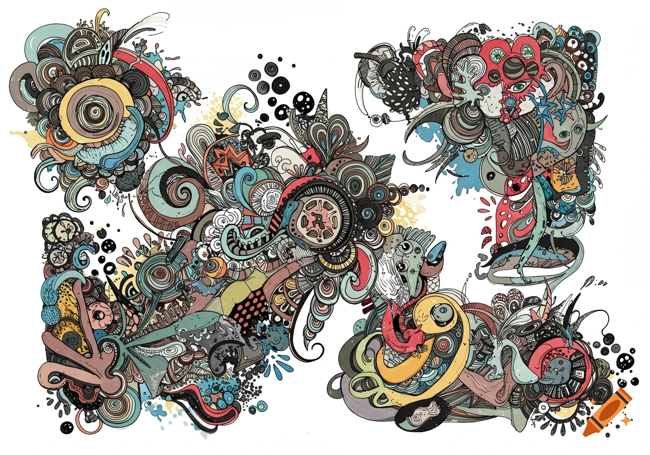 Colorful intricate abstract doodle with swirling lines and organic shapes on a white background.