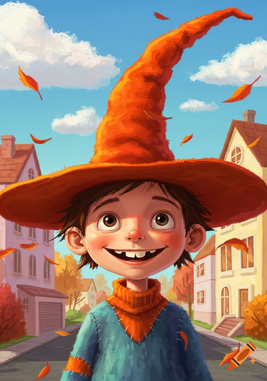 Cartoon boy with an oversized orange witch hat smiles on an autumn street with falling leaves.