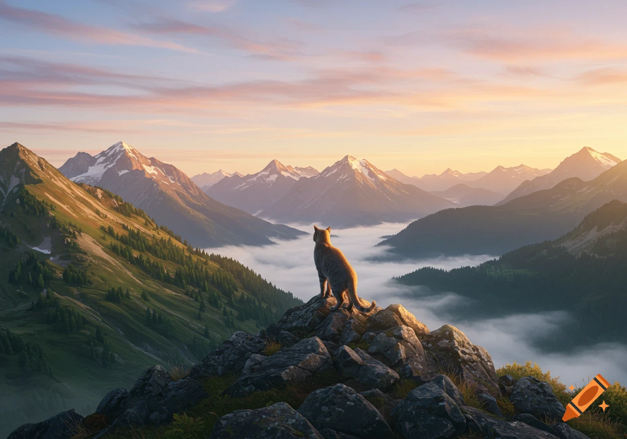 A tabby cat sits on a rocky mountain peak, looking over a misty valley at sunrise, with snow-capped mountains in the background.