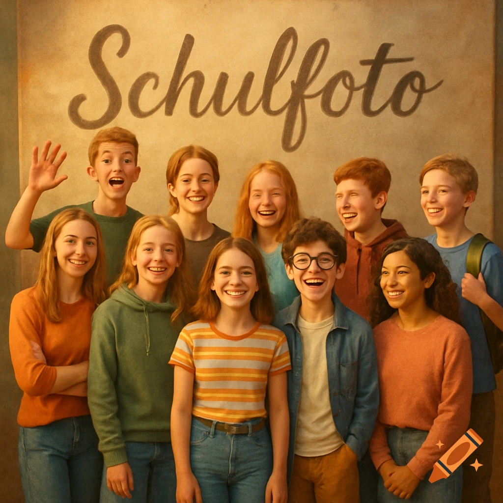 A diverse group of smiling students poses for a photorealistic school photo, with 'Schulfoto' written on the wall behind them.