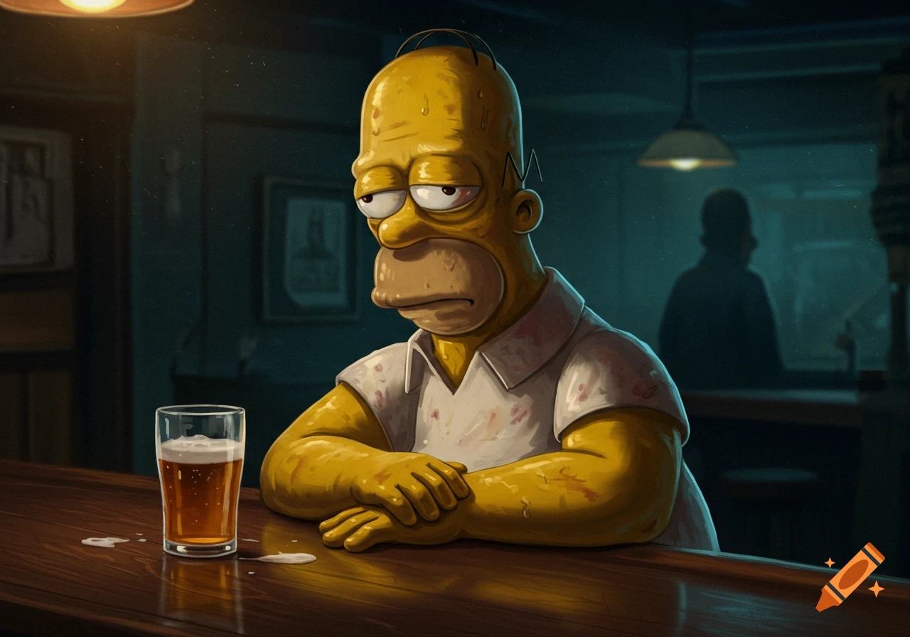 Homer Simpson sits at a dark bar with a glass of beer, looking sad in a gritty, realistic illustration style.