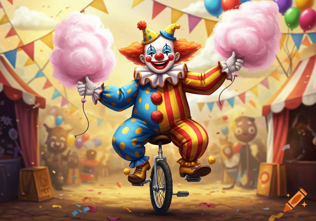 A vibrant cartoon clown on a unicycle at a carnival, holding two large pink cotton candies, with tents and balloons in the background.