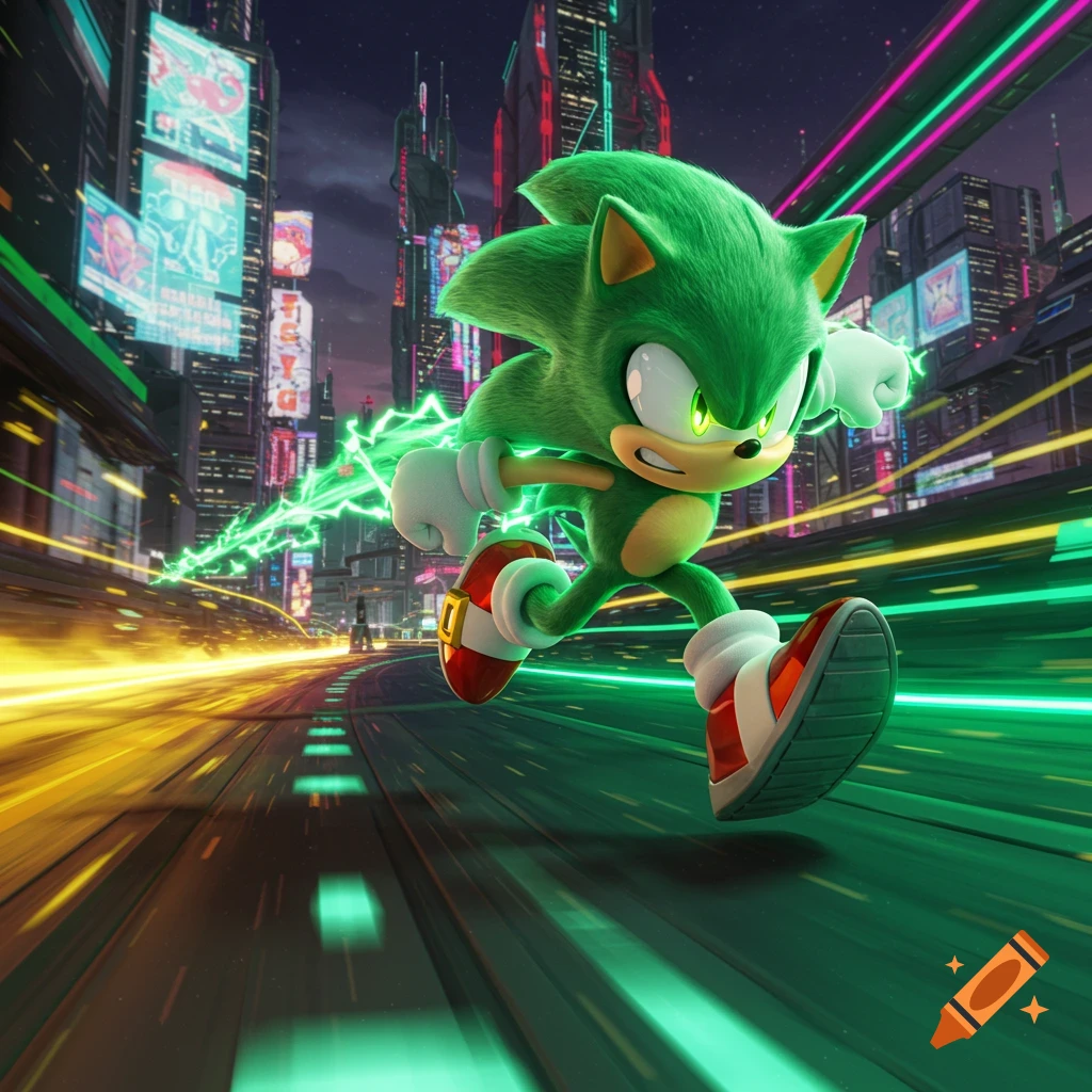 A green hedgehog-like character with yellow eyes runs rapidly through a neon-lit futuristic city.