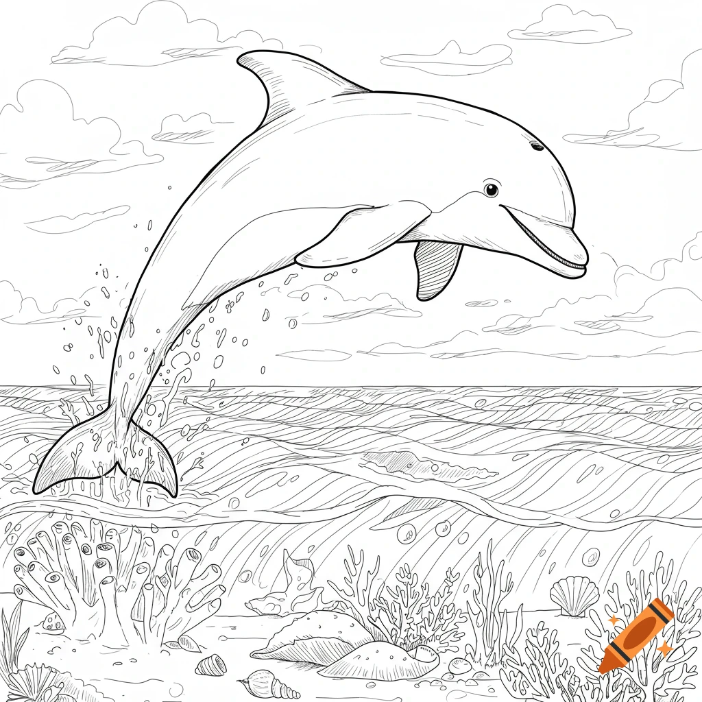 Black and white line art of a dolphin leaping from ocean water with underwater coral and shells.