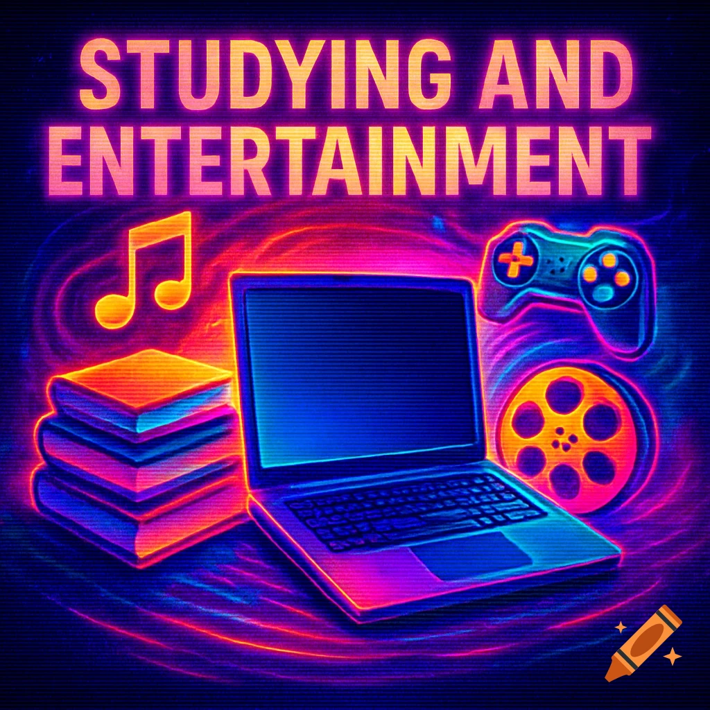 Neon art with text 'STUDYING AND ENTERTAINMENT', a laptop, books, musical note, game controller, and film reel.